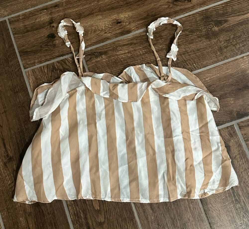 Sancia Striped Ruffle Camisole Tank Top Size Medium M Tan White Linen Blend Boho
